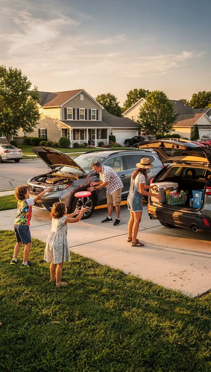 Kontrola stanu technicznego pojazdu przed długą podróżą, z narzędziami i wykazem.