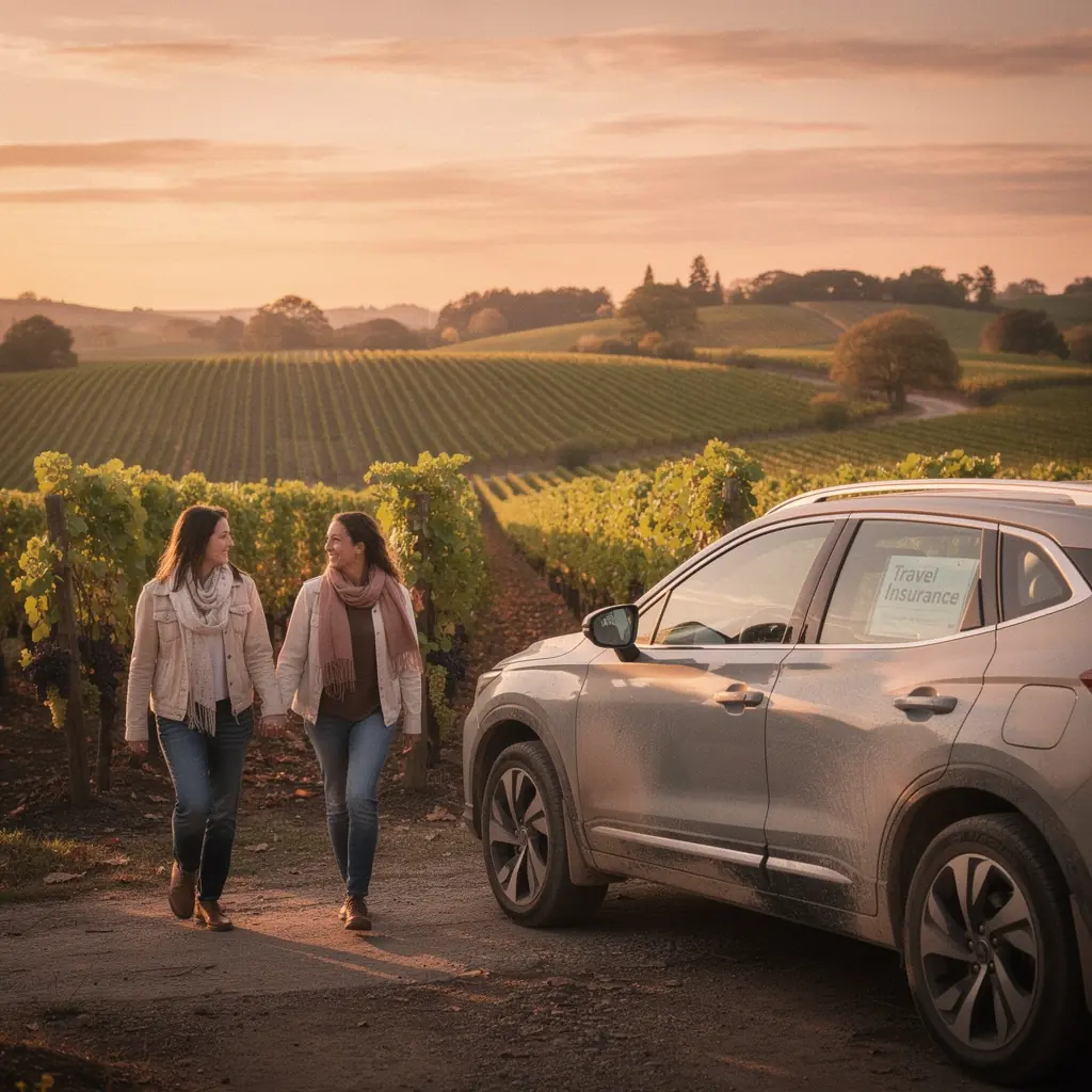 Ubezpieczenie samochodu w wiejskim krajobrazie z panoramicznym widokiem na pola.