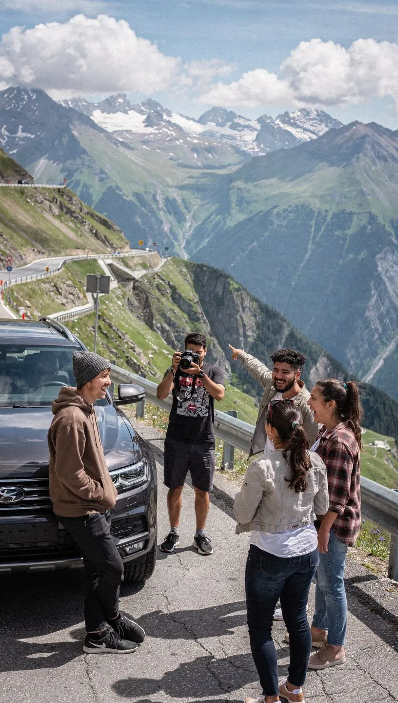 Rodzina w samochodzie, planująca wakacyjną podróż po malowniczych wiejskich drogach.