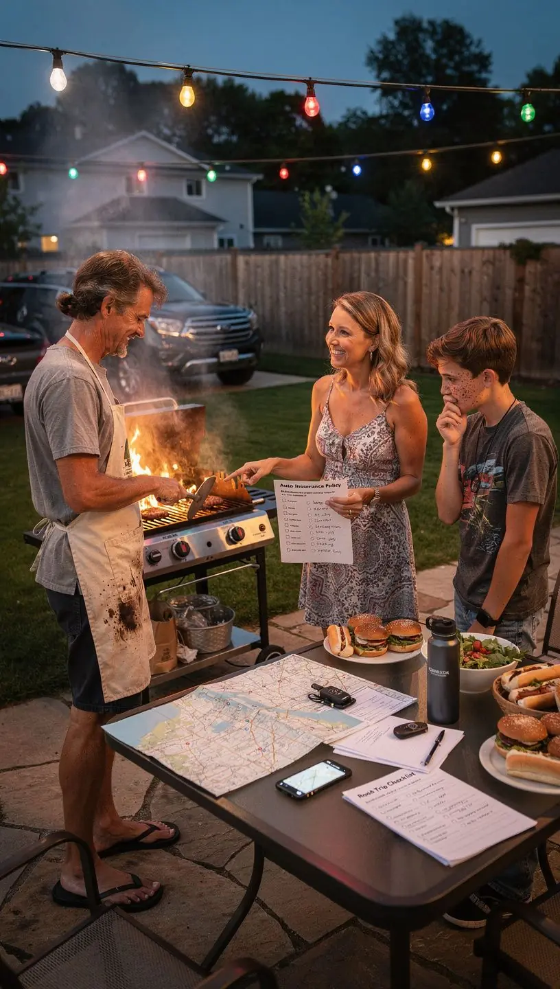 Lista kontrolna gotowości do podróży drogowej z elementami zapewniającymi bezpieczeństwo na trasie.