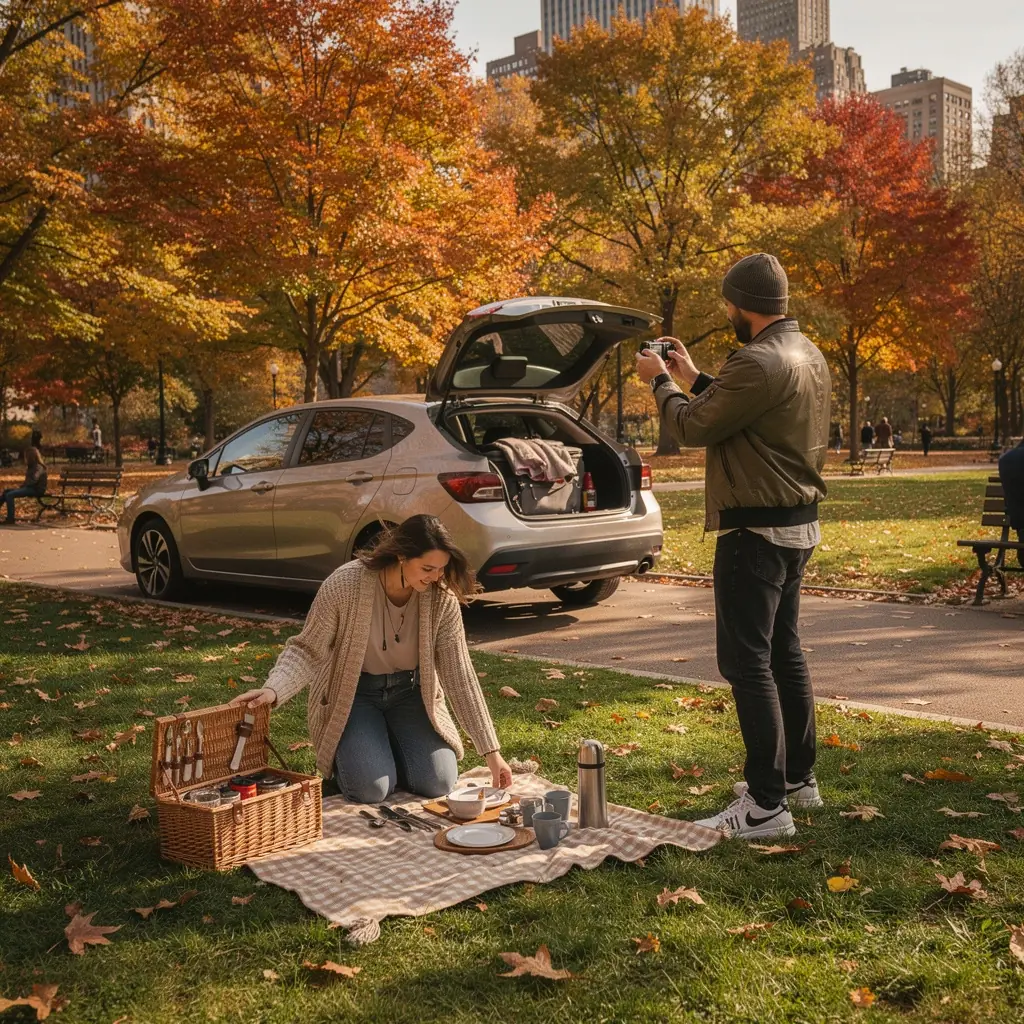 Rodzinny samochód zaparkowany na tle malowniczej wiejskiej scenerii, gotowy do podróży.